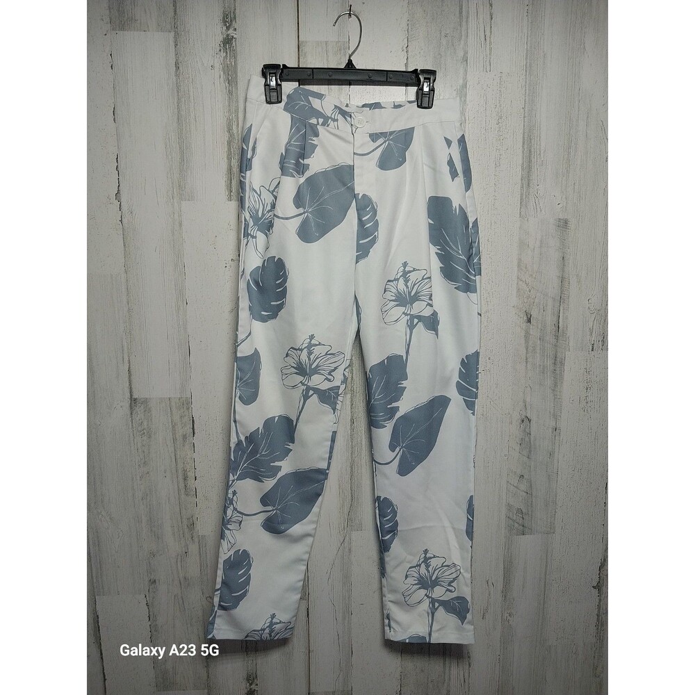 L' Atiste Women's Large White And Gray Floral Pleated Pants